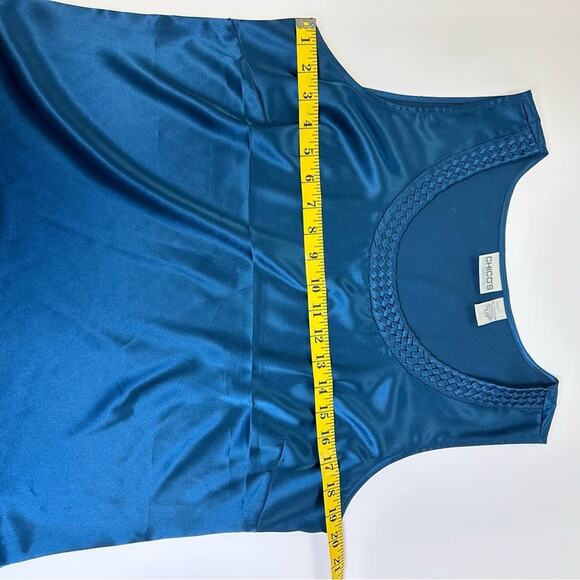 PRICED TO SELL!! Chico’s Blue Sleeveless Satin Top, Size 2, Braided Trim - Picture 8 of 11